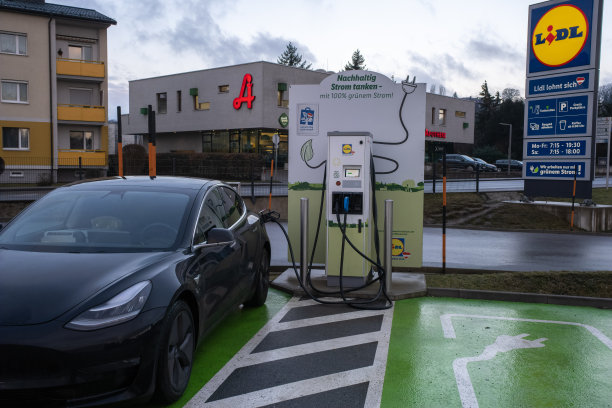 这是一张静态照片，拍摄的是在一个阳光明媚的冬日里，一辆黑色特斯拉Model 3双电机在LIDL超市的直流充电站充电。有选择性的重点图片下载