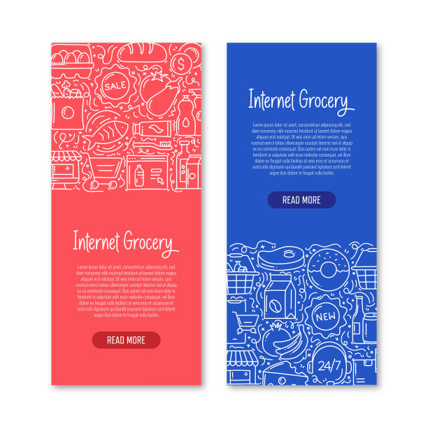 互联网杂货相关的对象和元素。手绘矢量涂鸦插图集合。横幅模板与不同的互联网杂货对象图片下载
