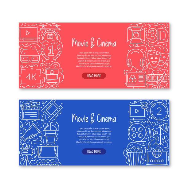 电影和电影相关的对象和元素。手绘矢量涂鸦插图集合。横幅模板与不同的电影和电影对象图片下载