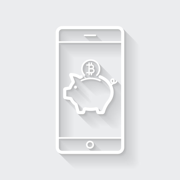 智能手机的比特币储蓄。图标与空白背景上的长阴影-平面设计图片下载