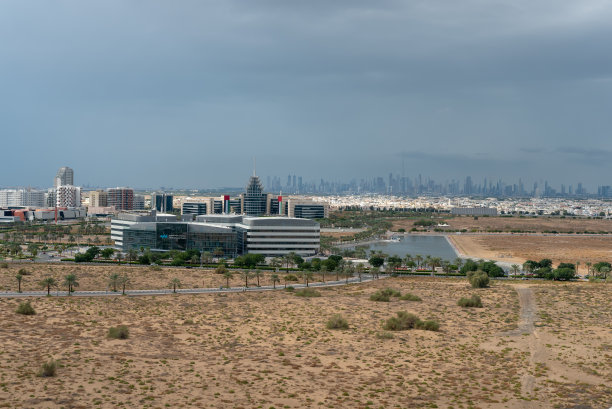 迪拜硅绿洲雨景下的迪拜天际线图片下载