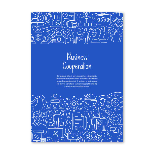 业务合作相关的对象和元素。手绘矢量涂鸦插图集合。具有不同业务合作对象的海报、封面模板图片下载