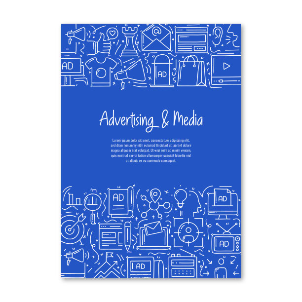 广告和媒体相关的对象和元素。手绘矢量涂鸦插图集合。海报，封面模板与不同的广告和媒体对象图片下载