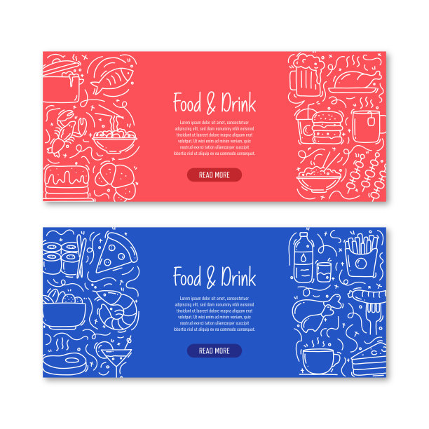 食品和饮料相关的对象和元素。手绘矢量涂鸦插图集合。横幅模板与不同的食物和饮料对象图片下载