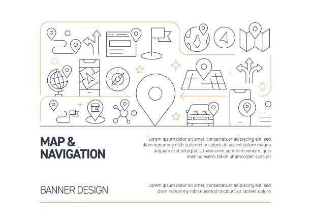 地图和导航相关的矢量横幅设计概念，现代线风格与图标图片下载