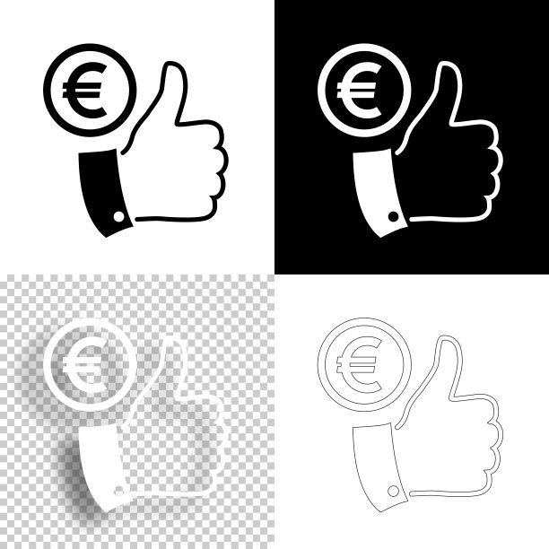 竖起大拇指的欧元硬币。图标设计。空白，白色和黑色背景-线图标图片下载