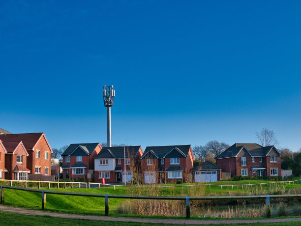 一个高高的移动电话桅杆紧挨着现代住宅，前景是一片草地和池塘。这张照片拍摄于一个阳光明媚的冬日。图片下载