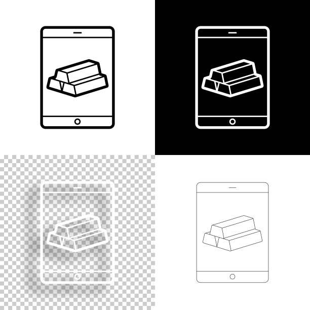 带金条的平板电脑。图标设计。空白，白色和黑色背景-线图标图片下载
