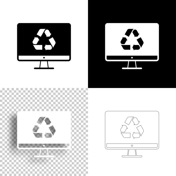 带有回收符号的台式电脑。图标设计。空白，白色和黑色背景-线图标图片下载