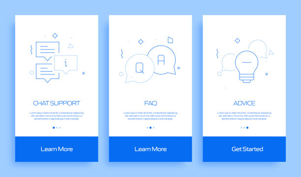 帮助和支持概念Onboarding移动应用程序页面屏幕与平面图标。UX, UI设计模板矢量插图图片下载