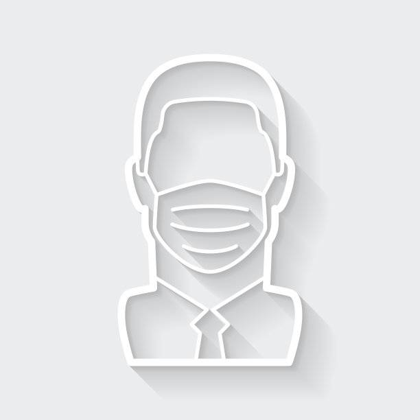 戴医用口罩的男子。图标与空白背景上的长阴影-平面设计图片下载