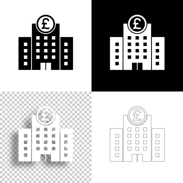 有英镑标志的银行。图标设计。空白，白色和黑色背景-线图标图片下载