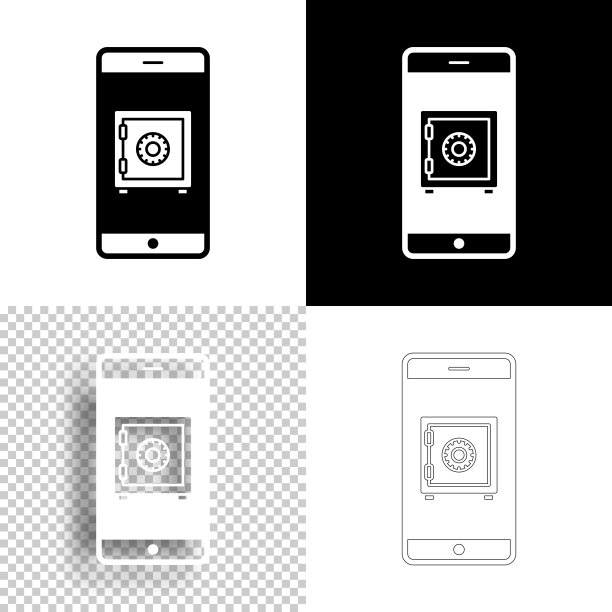 带保险箱的智能手机。图标设计。空白，白色和黑色背景-线图标图片下载