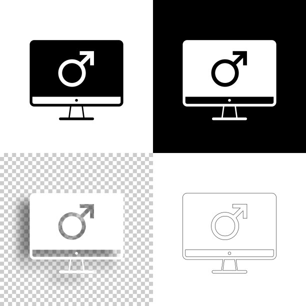 带有男性符号的台式电脑。图标设计。空白，白色和黑色背景-线图标图片下载