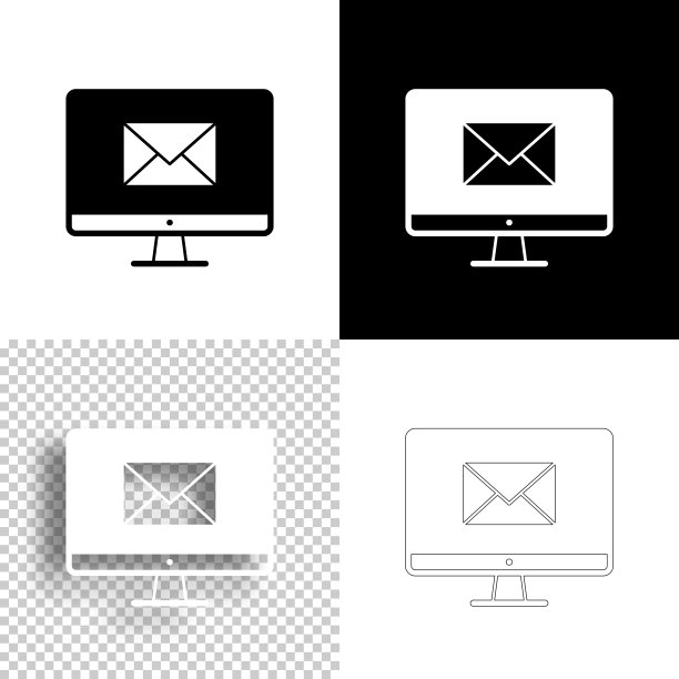 桌面电脑与电子邮件消息。图标设计。空白，白色和黑色背景-线图标图片下载