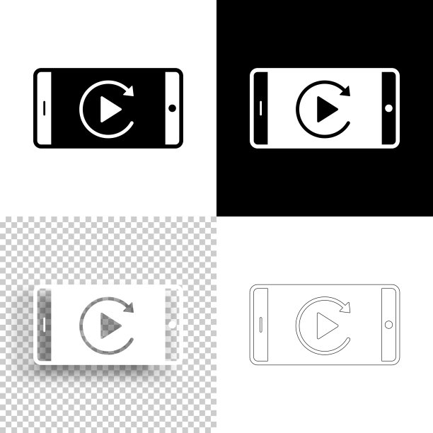 回放在智能手机上。图标设计。空白，白色和黑色背景-线图标图片下载