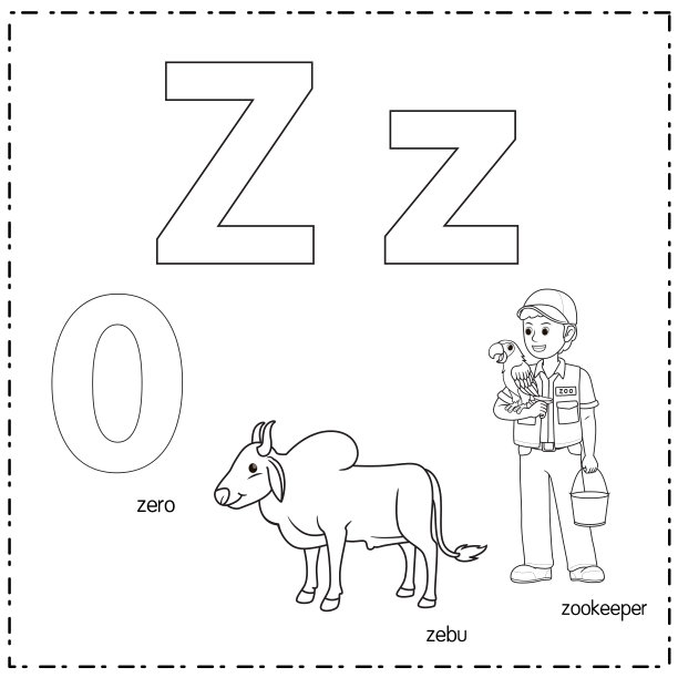 向量插图学习字母Z的小写和大写的儿童与3卡通图像。零瘤牛饲养员。图片下载