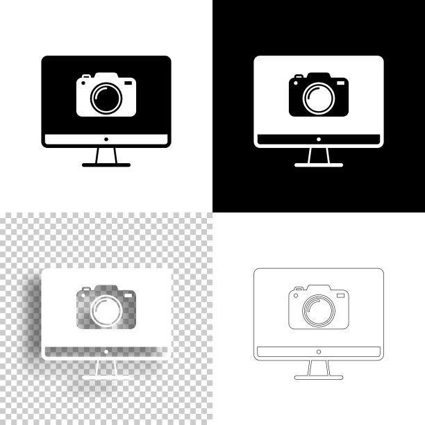 带摄像头的台式电脑。图标设计。空白，白色和黑色背景-线图标图片下载