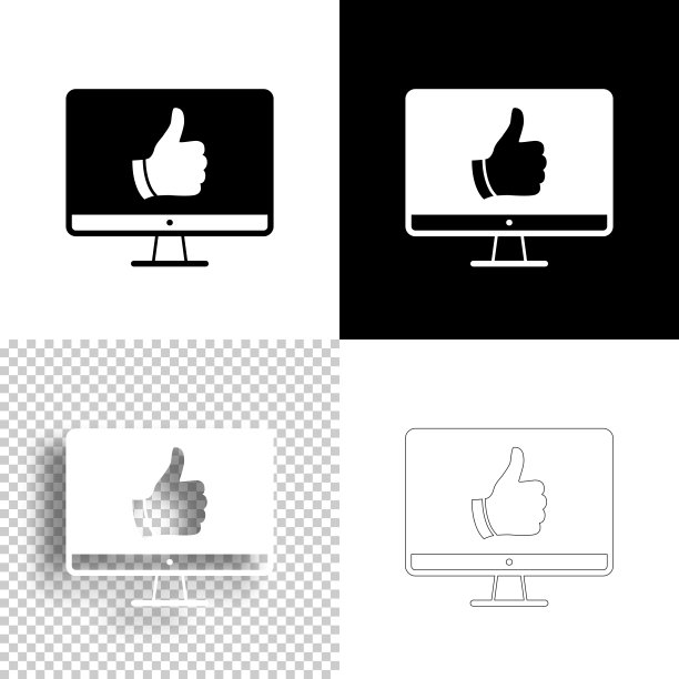 桌面电脑，竖起大拇指。图标设计。空白，白色和黑色背景-线图标图片下载