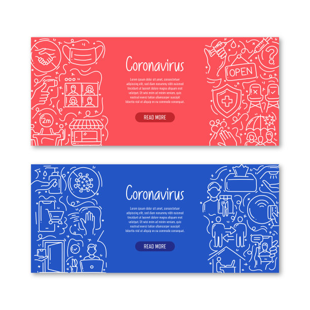 新型冠状病毒相关对象和元素。手绘矢量涂鸦插图集合。带有不同冠状病毒2019-nCoV对象的横幅模板图片下载