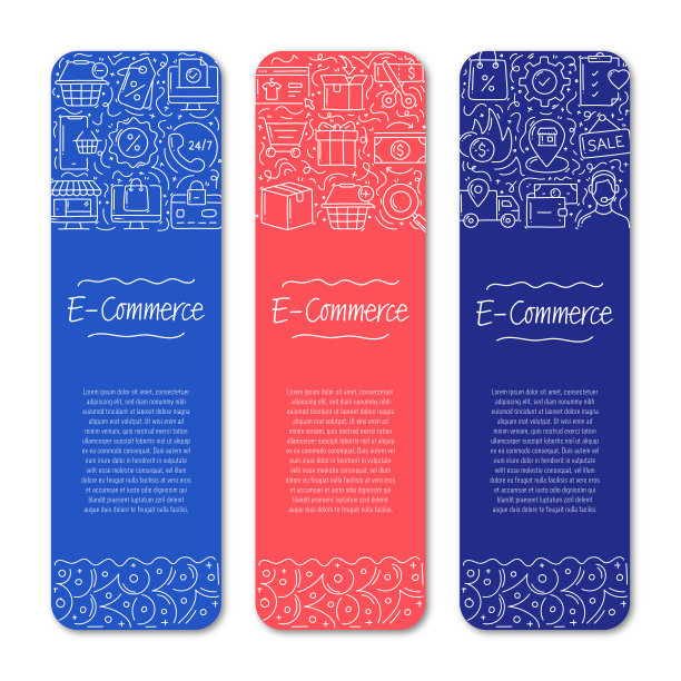 电子商务相关的对象和元素。手绘矢量涂鸦插图集合。带有不同电子商务对象的横幅模板图片下载