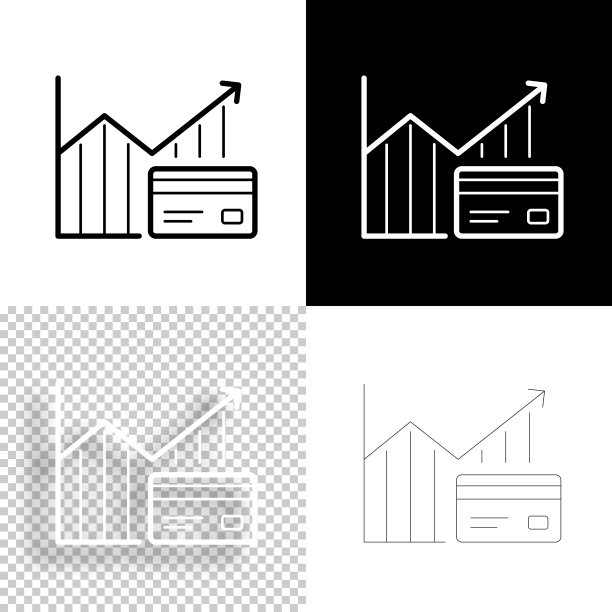 增长的图表与信用卡。图标设计。空白，白色和黑色背景-线图标图片下载