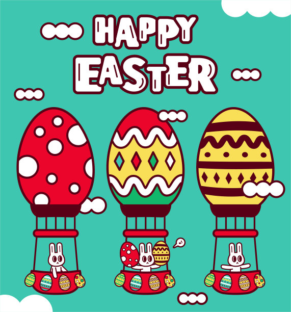 三只兔子乘坐热气球运送复活节彩蛋，附快乐复活节手写文字图片下载
