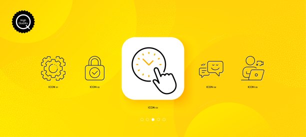 快乐表情、安全锁和视频会议极简线条图标，适用于Web应用程序和印刷图片下载