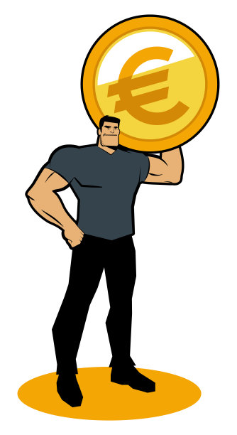 一个强壮的男人微笑地扛着一枚巨大的钱币图片下载