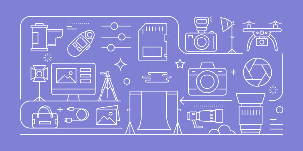 摄影相关矢量旗帜设计概念，与图标的现代线风格图片下载