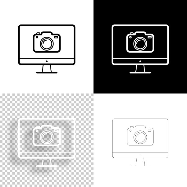 带摄像头的台式电脑。图标设计。空白，白色和黑色背景-线图标图片下载