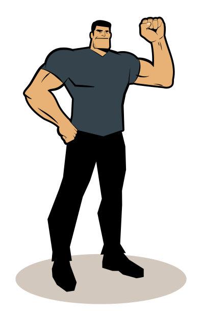 一个强壮的男人微笑着举起拳头，把一只拳头放在臀部图片下载