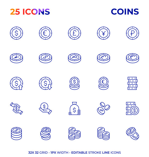 硬币可编辑的笔划线图标系列图片下载