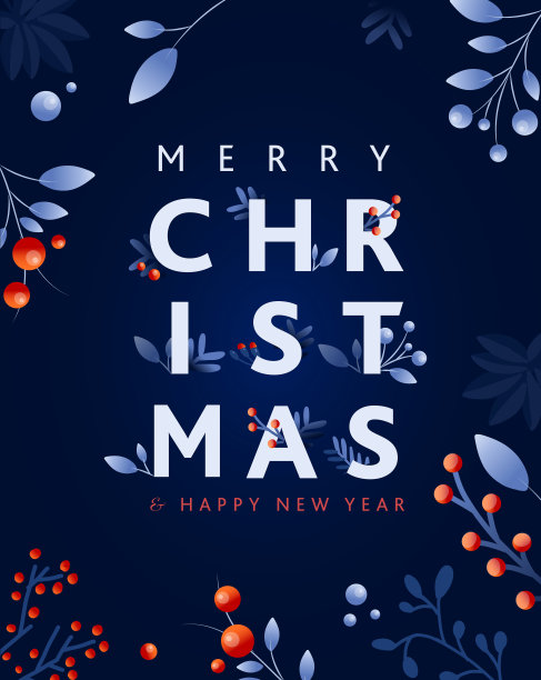 圣诞快乐贺卡设计模板与手绘的树枝和花卉图片下载