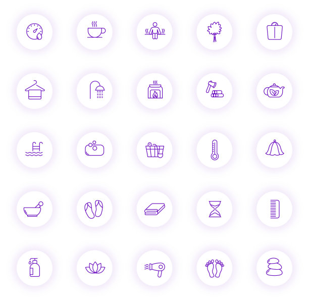 桑拿紫色轮廓图标上的浅圆形按钮与紫色阴影。桑拿图标设置为网页，移动应用程序，UI设计和打印图片下载