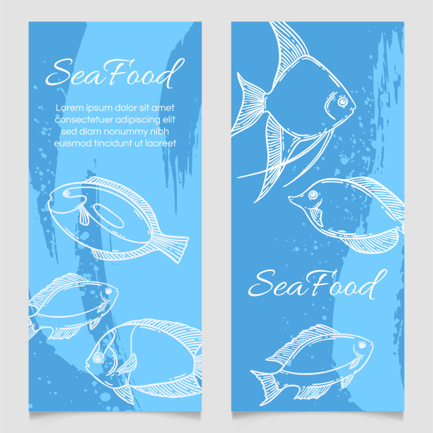 海鲜餐厅菜单模板，手绘鱼矢量插图模型图片下载