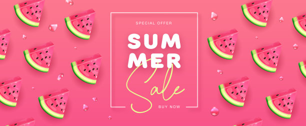 夏季特卖海报，粉红色的背景上有西瓜片。夏天西瓜背景。矢量图图片下载