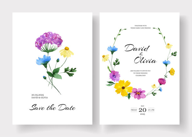 用手绘水彩野花装饰的婚礼请柬图片下载