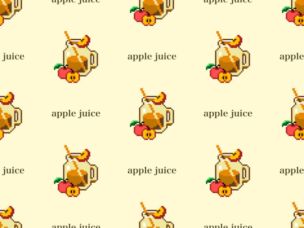 黄色背景上的苹果汁卡通人物无缝图案。图片下载