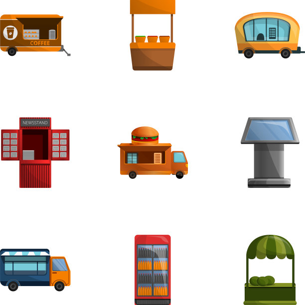 街头小吃店图标集卡通风格图片下载