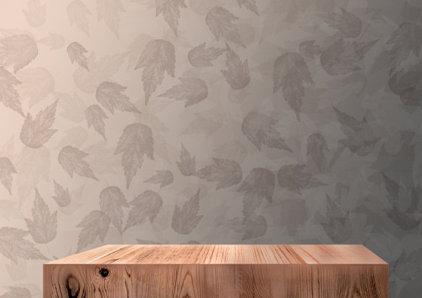 木制的展览平台。秋天的3 d背景。落叶背景，3D渲染。米色和棕色图片下载