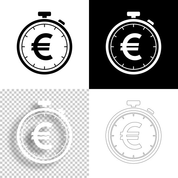带欧元标志的秒表。图标设计。空白，白色和黑色背景-线图标图片下载
