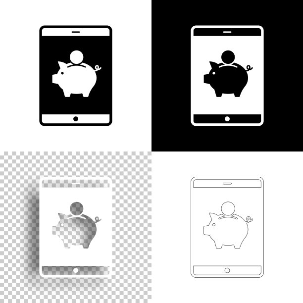 带存钱罐的平板电脑。图标设计。空白，白色和黑色背景-线图标图片下载