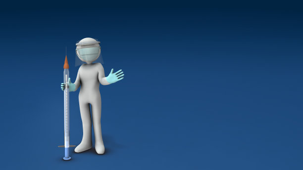 一个拿着大注射器的医务人员。夸张的医学符号。免疫接种的建议。3 d渲染。冷蓝色背景。图片下载