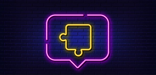 拼图片线图标。拼图游戏形状的标志。霓虹灯语音泡泡。向量图片下载