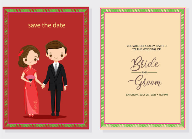 可爱的中国夫妇在婚礼请柬图片下载