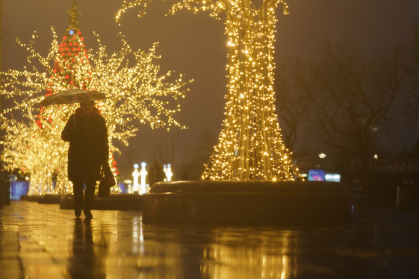 人们在夜晚金色的城市街道上图片下载