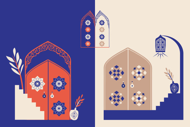 现代简约风格。摩洛哥的场景。摩洛哥的门窗和传统工艺。Terracotta的背景。矢量插图。图片下载