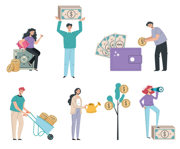商人男人女人的性格与金钱。商业成功的概念。矢量平面卡通设计元素插图图片下载