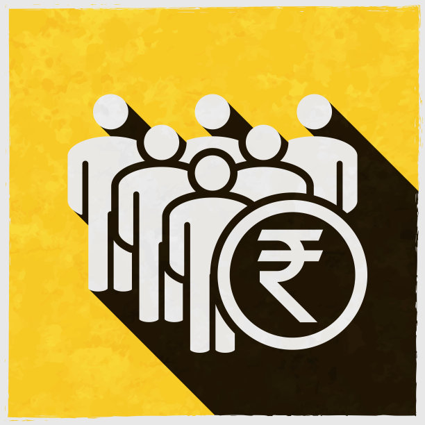 人群中有印度卢比的标志。图标与长阴影的纹理黄色背景图片下载